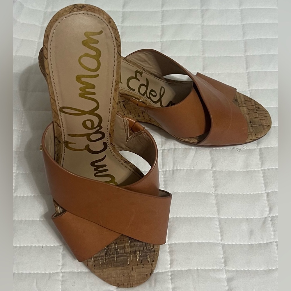 Sam Edelman Women's Criss Cross Tan Sandals Cork Heel Size 8